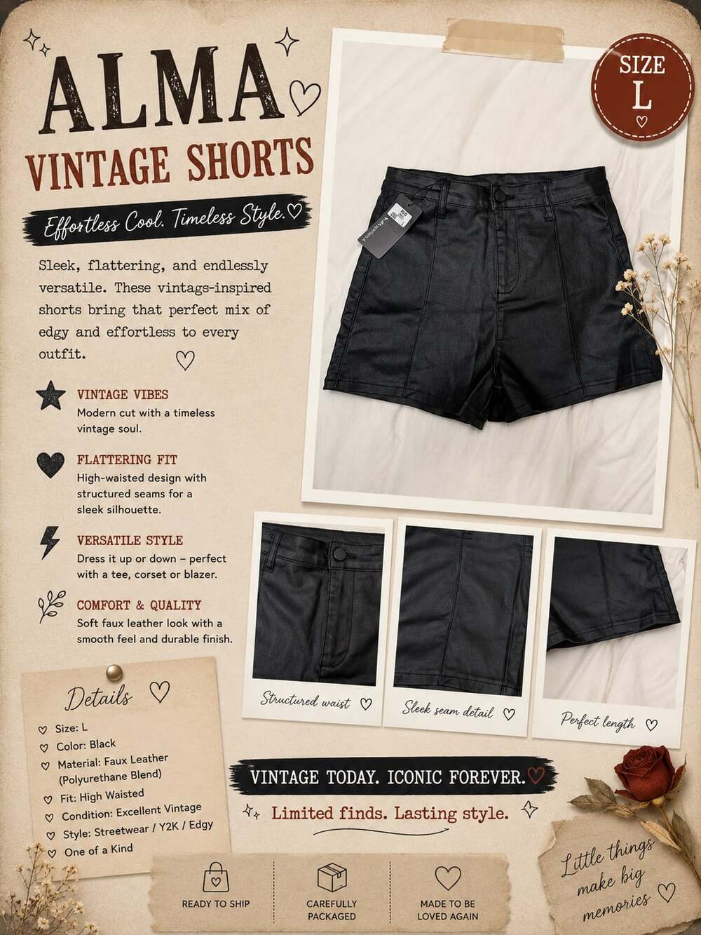 Apperloth A Black Faux Leather High-Waisted Front Seam Shorts